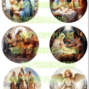 May include: A set of six round, colorful, printable images featuring religious scenes. The images include the Nativity, the Three Wise Men, and an angel. The text "Don't Copy Please" and "Crafty Bundles Studio" is visible on the images.
