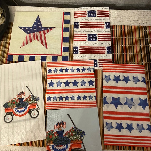 Patriotic Napkins, Red, White and Blue Napkins, Red Napkins, Blue Napkins, Pattern Napkins, Flag Napkins, Wagon Napkins, Star Napkins, USA