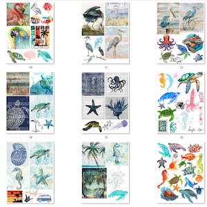 May include: A digital collage sheet with a beach theme. The sheet includes images of sea turtles, seahorses, starfish, seashells, an octopus, a heron, a palm tree, and the words "Surf" and "Aloha".