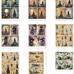 May include: Nine digital collage sheets featuring a witch theme. Each sheet has a different design with a witch, a cauldron, bats, and other Halloween elements. The sheets are perfect for scrapbooking, card making, and other craft projects.