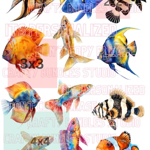 May include: A collection of colorful watercolor illustrations of various tropical fish. The image includes fish with orange, blue, yellow, and black patterns. Text includes "IT'S PERSONALIZED", "CRAFTY BUNDLES STUDIO", and "DON'T COPY PLEASE".
