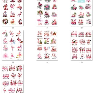 May include: Sheets of Christmas-themed flamingo stickers. The stickers feature pink flamingos wearing Santa hats, with various festive designs including Christmas trees and text. The stickers are arranged in rectangular sheets, perfect for crafting or decorating.