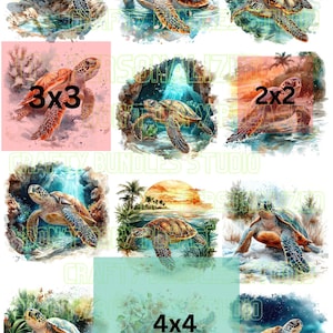 May include: A collection of watercolor-style images featuring sea turtles in various aquatic and beach settings. Each image showcases a turtle with a detailed shell and flippers, set against backgrounds of coral, ocean, and sunsets. Some images include text like "3x3", "2x2", and "4x4".