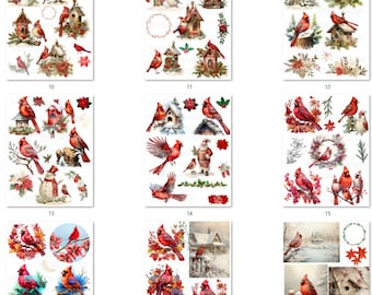 FREE SHIPPING USA- Cardinal Rice Paper, Coaster Rice Paper, Red Birds, Beautiful Cardinals, Cardinal Papers, Christmas Memory Paper - Set 2