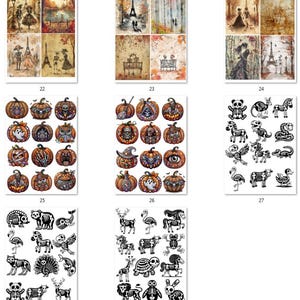May include: A set of 10 digital printable images featuring various Halloween-themed designs. The images include pumpkins with different decorations, skeletons of various animals, and a few images with a vintage Parisian theme.