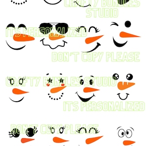 May include: A collection of snowman face designs with carrot noses, black smiles, and various eye and accessory options. The image includes text that reads "IT'S PERSONALIZED", "DON'T COPY PLEASE", and "CRAFTY BUNDLES STUDIO".