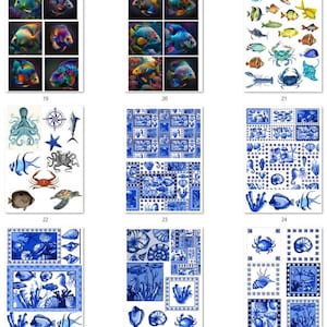 FREE SHIPPING USA Nautical Paper, Nautical Ephemera, Coasters, Beach Decoupage, Shell Paper, Beach Ephemera, Sealife Nautical PNGs 2 19-27