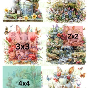 May include: A collection of watercolor illustrations featuring adorable bunnies surrounded by flowers, butterflies, and decorative elements. The images are labeled with dimensions such as 2x2, 3x3, and 4x4, suggesting a print or design bundle.