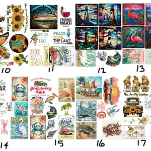 May include: A digital collage sheet with 17 different images featuring summer and beach themes. The images include a variety of designs, such as sunflowers, lighthouses, crabs, flamingos, gnomes, and a tiki bar. The images are perfect for scrapbooking, card making, and other craft projects.