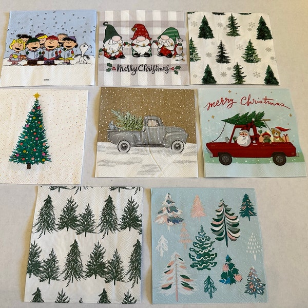 Christmas Decoupage Napkin Set, DIY Napkins, Christmas DIY Set, Gnome Christmas Napkins, Santa Napkins, Christmas Truck, Christmas Trees