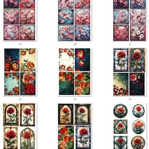 May include: A collection of decorative stickers featuring floral designs. The stickers showcase stained-glass style images of cherry blossoms and roses in various shapes and sizes, with a variety of colors including pink, red, and blue.