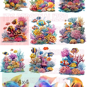 May include: A collection of colorful watercolor illustrations featuring vibrant coral reefs and various species of fish. The designs showcase a variety of fish, including clownfish, against a backdrop of coral in shades of orange, pink, and blue.