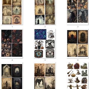 May include: A set of nine digital papers featuring a variety of Halloween themes, including ghosts, haunted houses, skulls, and spooky forest scenes. The papers are in a vintage style with distressed textures and faded colors.
