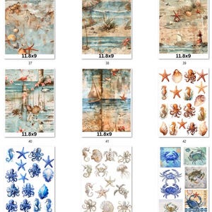 FREE SHIPPING USA Nautical Paper, Nautical Ephemera, Coasters, Beach Decoupage, Shell Paper, Beach Ephemera, Sealife Nautical PNGs 2 37-45