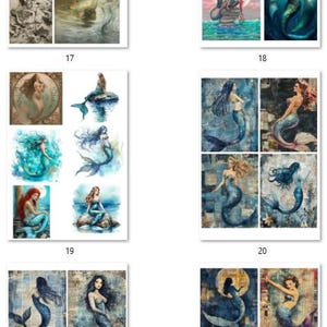 May include: A collage of 10 digital art prints featuring mermaids in various poses and settings. The prints are in a vintage style with a blue and green color scheme.