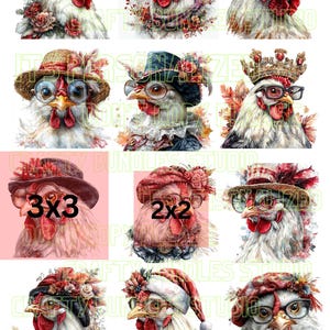 May include: A collection of whimsical watercolor illustrations of chickens wearing hats, glasses, and floral embellishments. The chickens are depicted in various styles, with some wearing crowns and others in Santa hats. The image includes text that reads "3x3", "2x2", and "DON'T COPY PLEASE".