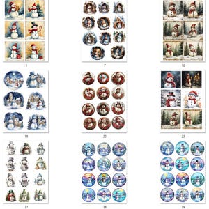 May include: A collection of 36 digital images featuring various snowman designs. The images are arranged in a grid format, with each image showcasing a different snowman with unique details and backgrounds. The snowmen are depicted in various poses and wearing different accessories, such as hats, scarves, and buttons. The backgrounds include winter scenes, such as snow-covered landscapes, forests, and houses.