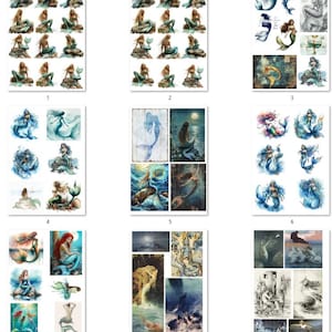 May include: A digital collage sheet with nine different images featuring mermaids, seashells, and ocean scenes. The images are in various styles, including watercolor, digital art, and black and white.