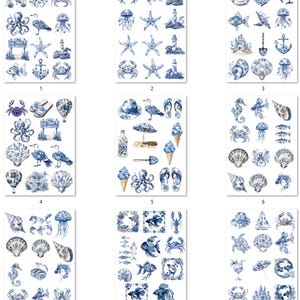 FREE SHIPPING USA Nautical Paper, Nautical Ephemera, Coasters, Beach Decoupage, Shell Paper, Nautical Chinoiserie, Sealife , Chinoiserie 1-9