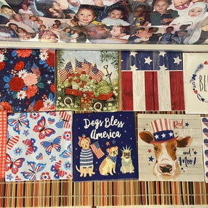 May include: A set of eight red, white, and blue patterned paper napkins with various patriotic themes. The napkins feature images of butterflies, stars, hearts, trucks, dogs, cows, and the American flag. One napkin has the word "Blessed" in a wreath.