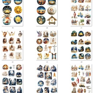 May include: A sheet of watercolor stickers featuring religious imagery. The stickers depict scenes from the Nativity, angels, and Jesus. The stickers are in various shapes, including circles and rectangles, with a predominantly blue and gold color scheme.