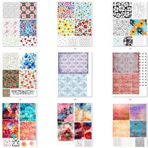May include: A digital collage of 36 different patterns, including floral, geometric, and abstract designs. The patterns are arranged in a grid of 3 rows and 12 columns. The patterns are in a variety of colors, including red, blue, green, yellow, and white.
