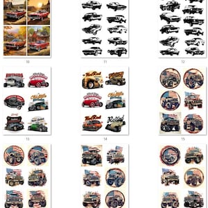 May include: A set of 18 digital clipart images featuring vintage hot rods, muscle cars, and American flag designs. The images are perfect for scrapbooking, card making, and other craft projects.