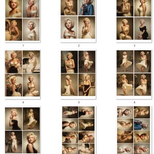 May include: A collage of nine sets of photographs featuring Marilyn Monroe in various poses. The images showcase her in different outfits, including gowns and dresses, with a focus on her iconic blonde hair and classic Hollywood style. The photos are in sepia tones.