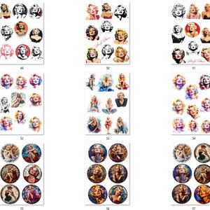 May include: A set of 12 round stickers featuring different images of Marilyn Monroe. The stickers are printed on a white background and have a glossy finish.