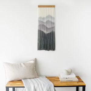Fogged mountain wall hanging, dip dye tapestry, handmade fiber art.