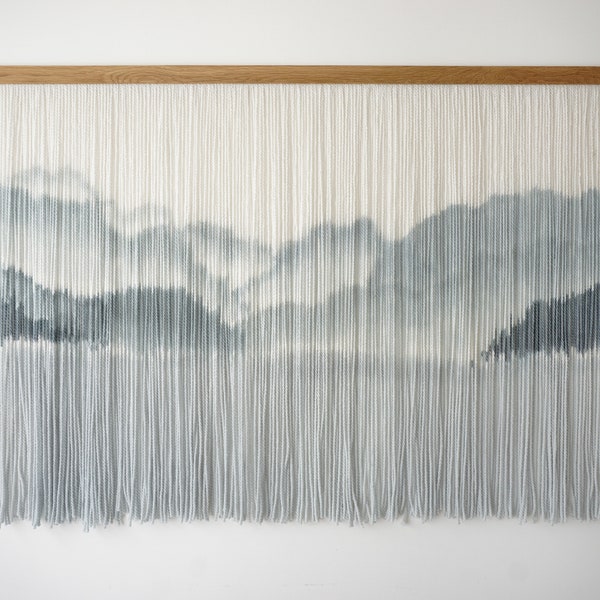 Hand dyed mountain and lake tapestry, Fibre art wall hanging, Textile art.