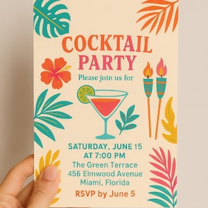Puede incluir: Una invitación a una fiesta de cóctel con un fondo crema, con coloridas ilustraciones de hojas y flores tropicales. El texto dice "COCKTAIL PARTY" e incluye los detalles del evento: fecha, hora, lugar e información de RSVP.