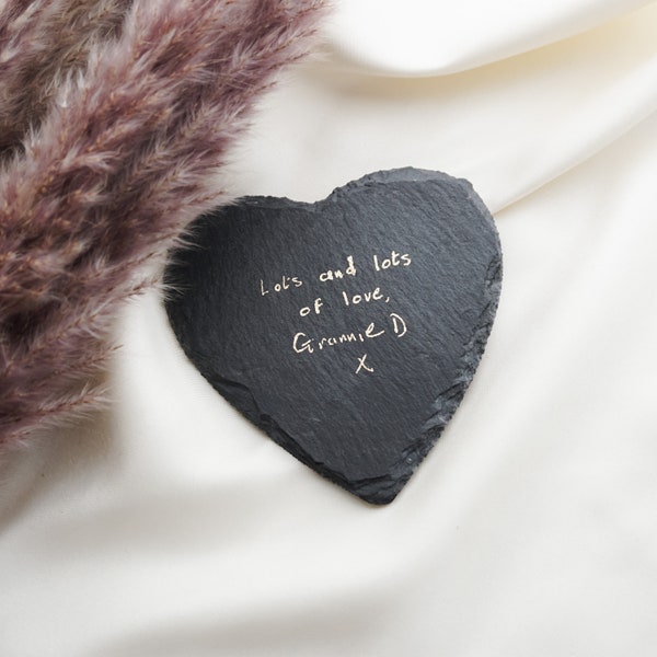 Gold Embossed Handwriting Heart Slate Coaster • Signatures • Handwritten Messages • Memorial Jewellery