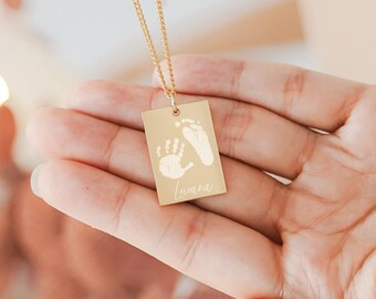 Jessica Rectangle Handprint / Footprint Necklace • New Baby Gift • New Mother Jewellery • Grandmother Gift