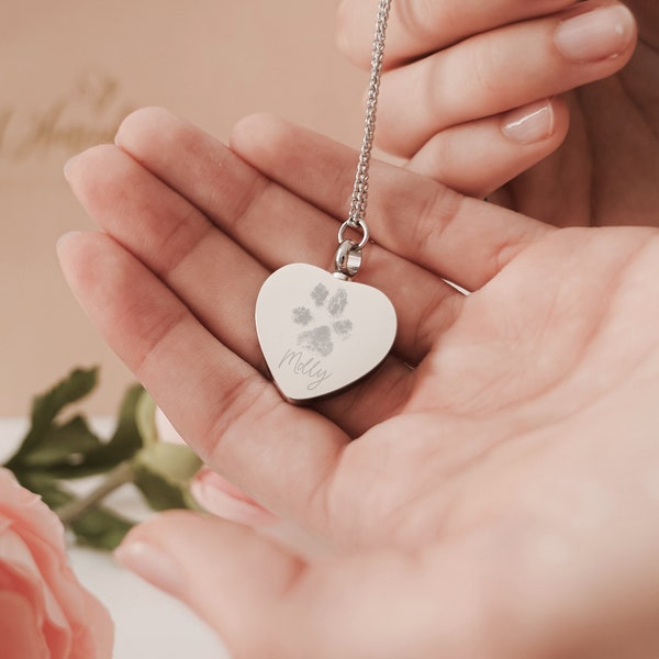 Paw Print Heart Cremation Urn Necklace •Pet Memorial •Paw Print •Memorial Jewellery