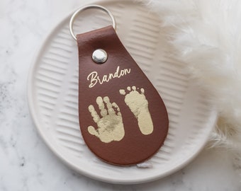 Gold Embossed Handprint/Footprint Leather Keyring • Baby Memorial • Childrens Prints • Footprints • Mummy Keepsake • Daddy Keepsake