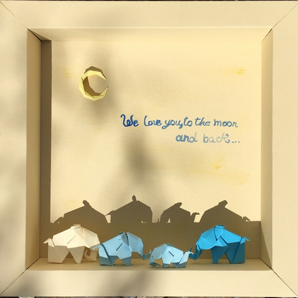 Quadro di Carta con Famiglia di Elefanti e Luna "We love you, to the moon and back..."