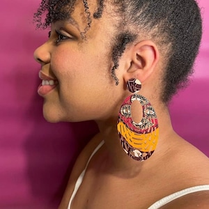 Statement Earrings African Ankara Afro Accessories African Jewellery Round Birthday Gift Valentines Day Oval drop pink