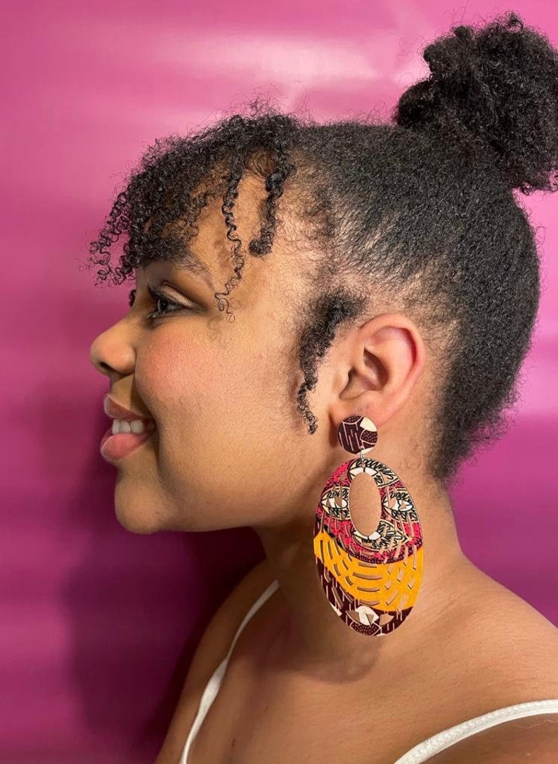 Statement Earrings African Ankara Afro Accessories African Jewellery Round Birthday Gift Valentines Day Oval drop pink