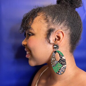 Statement Earrings African Ankara Afro Accessories African Jewellery Round Birthday Gift Valentines Day Oval drop green