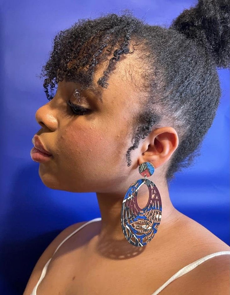 Statement Earrings African Ankara Afro Accessories African Jewellery Round Birthday Gift Valentines Day Oval drop blue