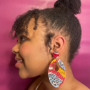 Statement Earrings African Ankara Afro Accessories African Jewellery Round Birthday Gift Valentines Day Oval drop red