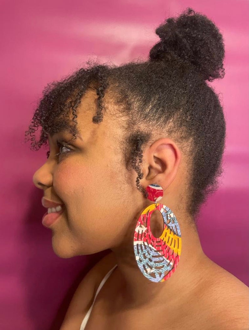 Statement Earrings African Ankara Afro Accessories African Jewellery Round Birthday Gift Valentines Day Oval drop red