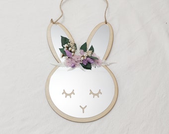 Miroir lapin fleurs séchées blanc,mauve et vert