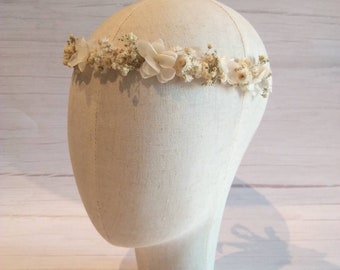 Couronne de tête ruban fleurs séchées blanc et naturel