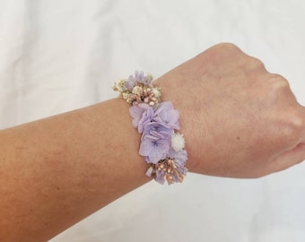 Bracelet ruban fleurs séchées rose pâle mauve et blanc