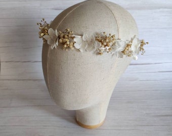 Couronne de tête ruban fleurs séchées hortensia et gypsophile