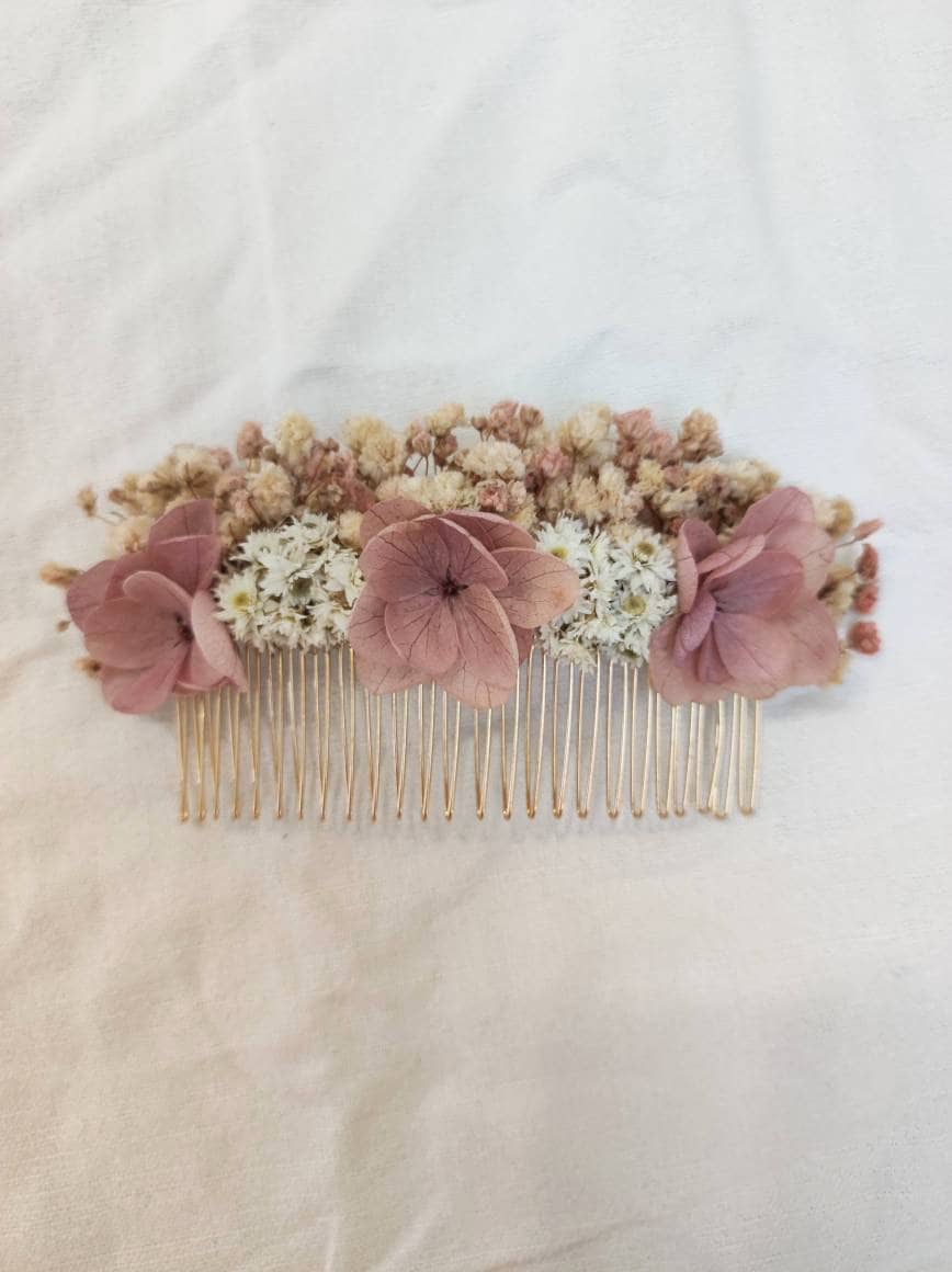Peigne fleuri en fleurs séchées blanc et vieux rose