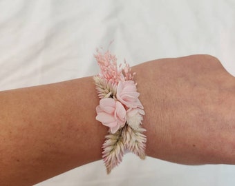 Bracelet ruban fleurs séchées blanc et rose pâle