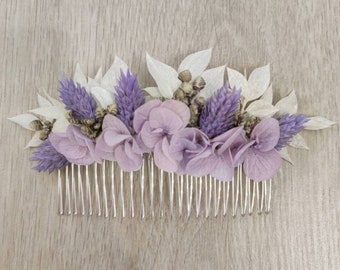 White and purple dried flower comb